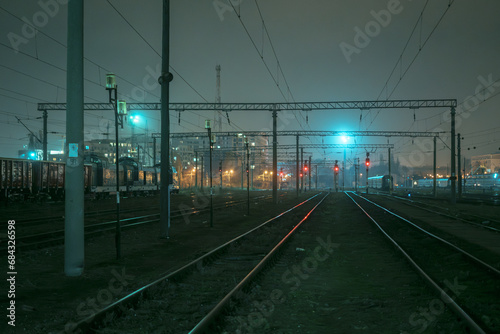 Tracks at night at Timișoara Nord train station in Timișoara, Romania