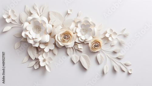 Delicate origami of white paper rose flowers and leaves on minimal light background. Nature decor concept