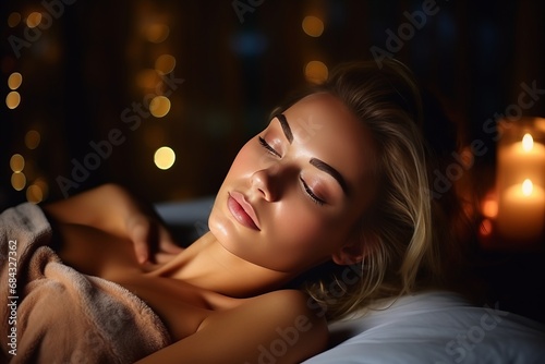 Soothing Spa Escape. Young Woman Enjoying a Relaxing Massage in a Dimly Lit Setting with Candles