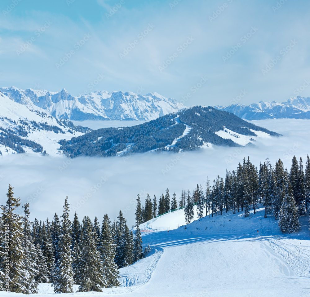 Morning winter mountain landscape with clouds in below valley (Hochkoenig region, Austria) Morning winter mountain landscape with clouds in below valley (Hochkoenig region, Austria)