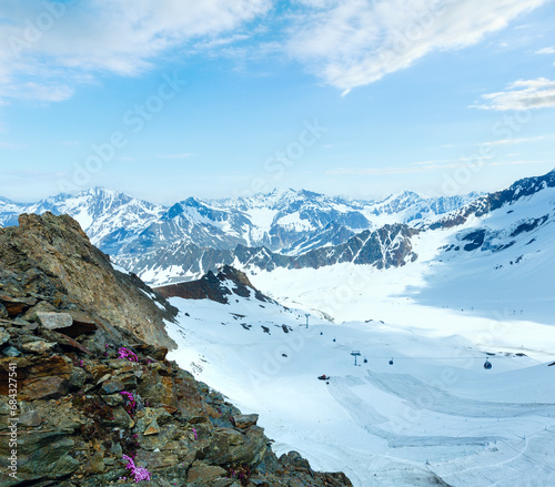 Mountain view from the Karlesjoch bahn upper station (3108m., near Kaunertal Gletscher on Austria-Italy border) with alp flowers  over cable ski lift photo