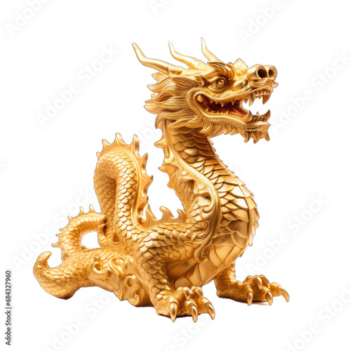 Gold Chinese Dragon Statue. Isolated on a Transparent Background. Cutout PNG.