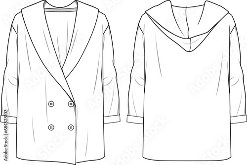 Women's Hooded Button-up Knit Jacket. Technical fashion illustration. Front and back, white color. Women's CAD mock-up.