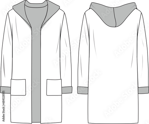 Women's Hooded Double-Face Long Line Cardigan. Technical fashion illustration. Front and back, white color. Women's CAD mock-up.