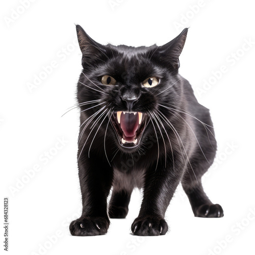 Hissing Black Cat. Isolated on a Transparent Background. Cutout PNG. © Peter
