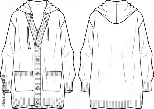 Women's Hooded Long Cardigan. Technical fashion illustration. Front and back, white color. Women's CAD mock-up.
