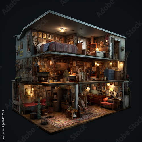 An isometric house, interior design