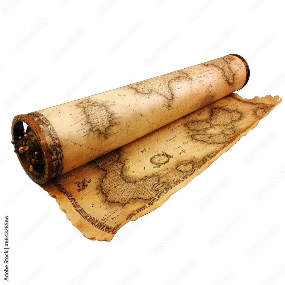 Old Map of the World Scroll. Isolated on a Transparent Background. Cutout PNG.