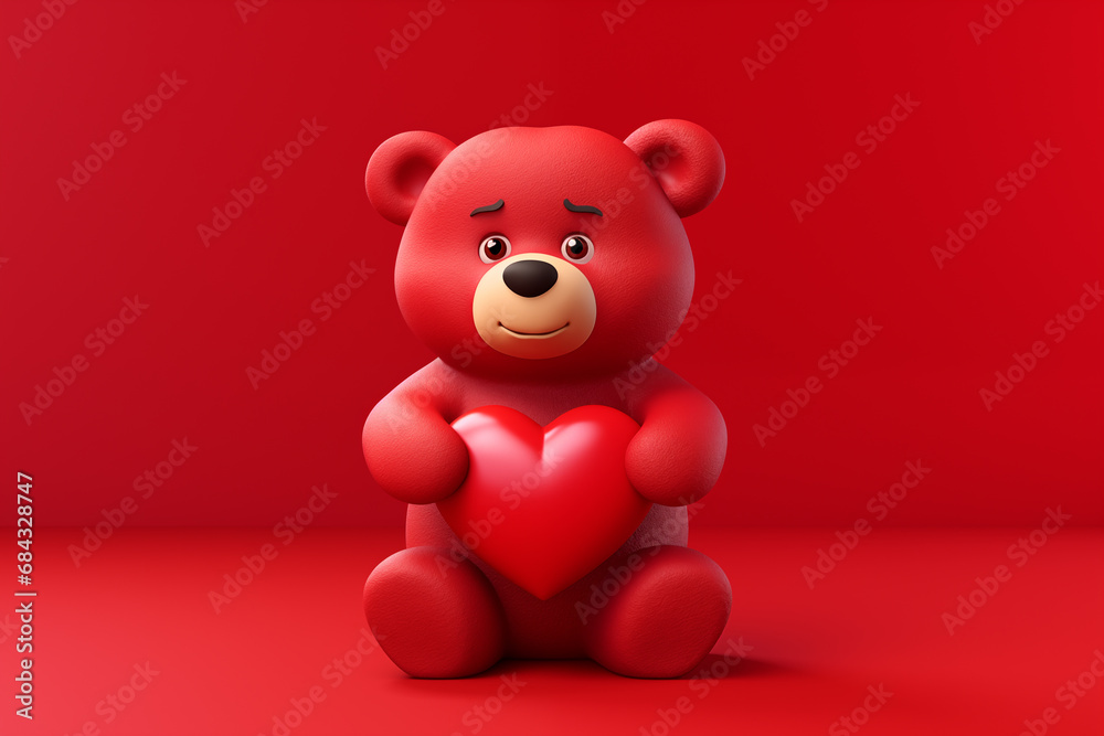 3D cute cartoon character Valentine's Day bear toy holding a red heart. 3D cute cartoon character Valentine's Day bear toy holding a red heart.