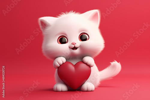 3D cute cartoon character Valentine's Day cat holding red heart. © Farid