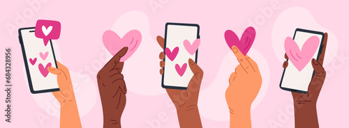Cartoon hands with phones send hearts. Love and dating application. Remote romantic relationship. Social media network communication. Smartphone chatting. Lovers message. Garish vector set