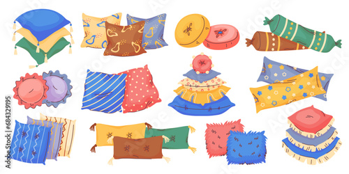 Decorative cushions. Patterned pillows. Home comfort and style. Textile pillowcases with cute elements. Relax accessories. Soft bedding. Cozy objects for bed or sofa. Recent vector set