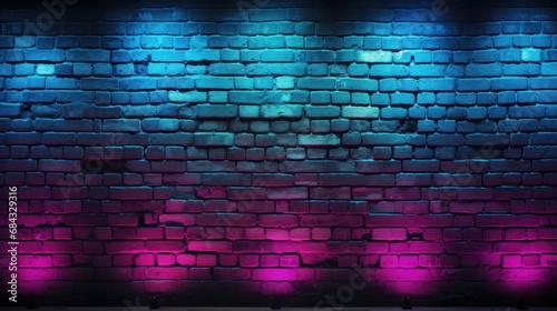 Interior of empty room with brick wall and neon lights. Blue and pink neon lights on brick wall background. Glowing neon lights on brick wall. Purple and blue neon lights on brick wall. Abstract.