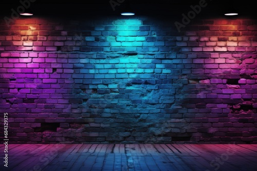Illuminated brick wall with neon lights. glowing lights on empty brick wall background. Dark brick wall with neon lights with copy space. Neon. Copy Space. Blue  pink and purple colors.