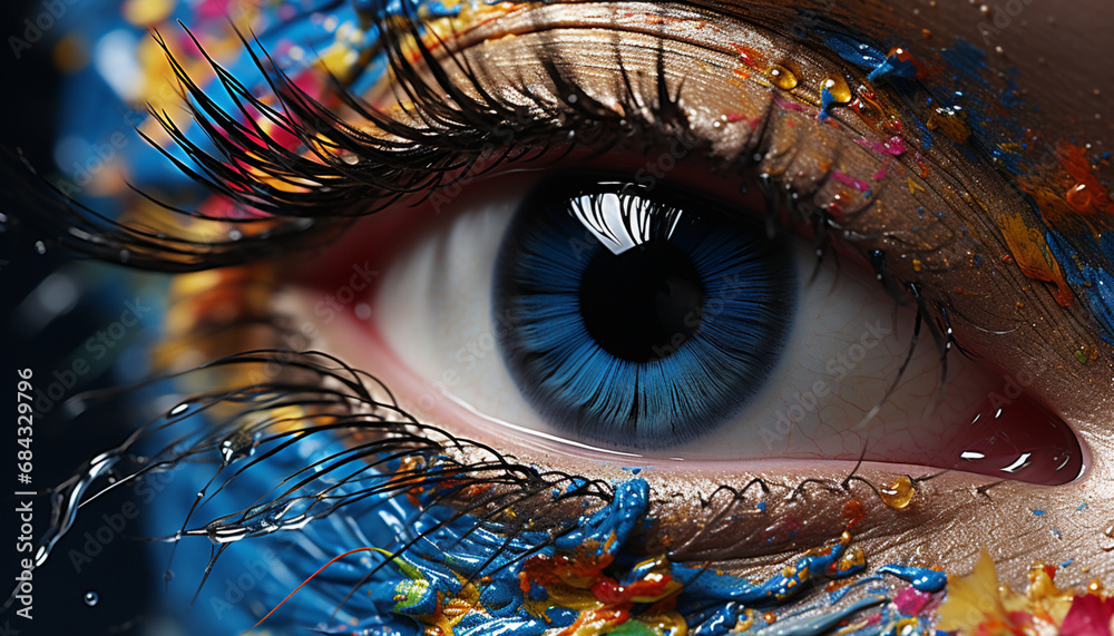 Captivating details of the human eye, painted in an evocative utopian style that mixes realism and fantasy. Explore rich colors and intricate details.