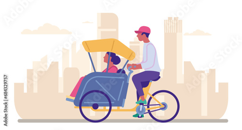 Rickshaw pulling woman. Travel by trishaw. City transportation. Bike vehicle. Man riding tricycle. Pedicab taxi. Passenger bicycle cart. Asian public transport. Biking cab. Vector concept photo