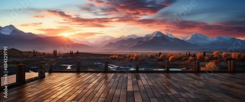 Empty wooden deck, empty wooden deck against the landscape, providing an open perspective.