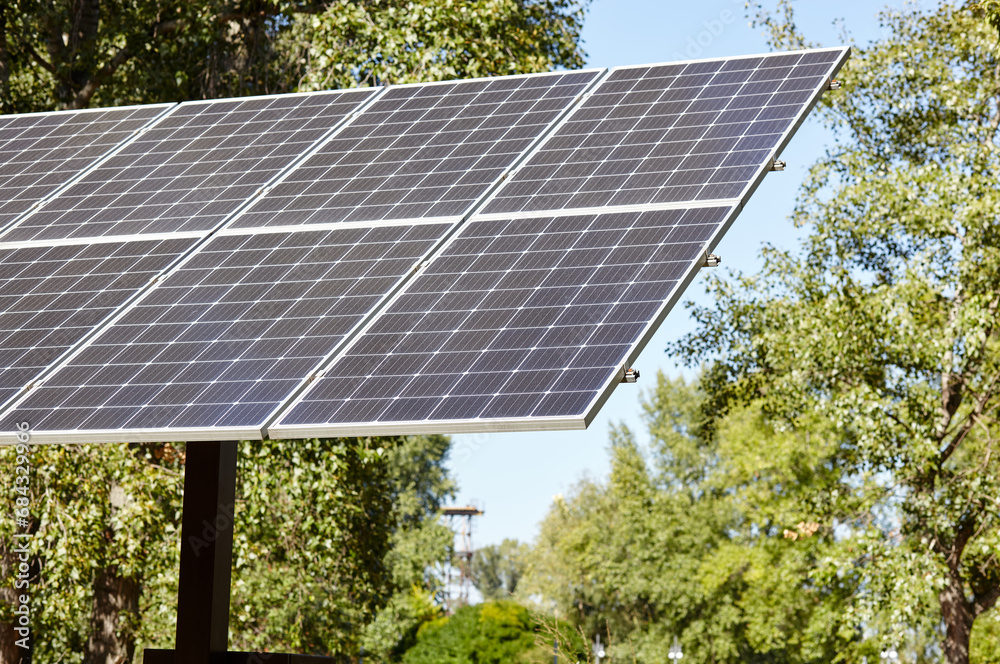 Solar panels in public park. Solar panel, photovoltaic, alternative source of electricity