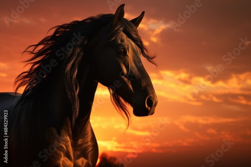 A horse standing gracefully in front of a breathtaking sunset. Perfect for nature lovers and equestrian enthusiasts.