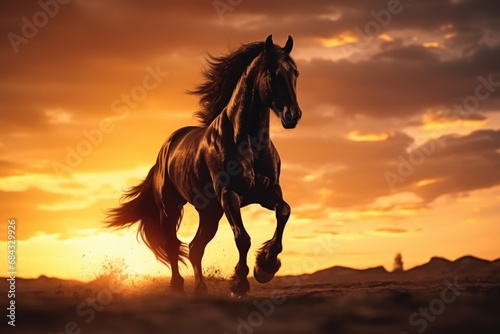 A breathtaking image of a horse running gracefully in the desert at sunset. Perfect for nature and wildlife-themed projects.