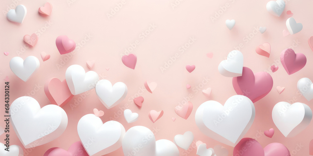 White and pink hearts on a pale pink background. Love concept. Generative Ai