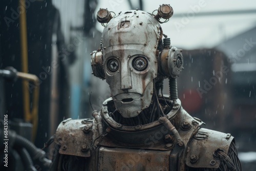 A close-up image of a robot in the rain. This picture can be used to depict futuristic technology in adverse weather conditions.