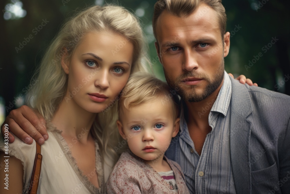 A picture capturing a man and woman posing together with a baby. This image can be used to depict family, parenting, or to showcase the joy of having a child. A picture capturing a man and woman posing together with a baby. This image can be used to depict family, parenting, or to showcase the joy of having a child.