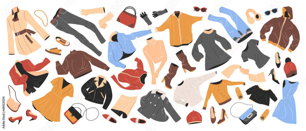 Set of fashion clothes for women. Casual garments and accessories for fall and winter. Coat, gloves, jacket, bags, shoes, trousers, hats flying. Flat vector illustrations isolated on white background.