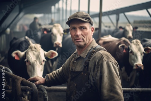 A man confidently stands in front of a large herd of cows. This image can be used to represent leadership, confidence, or the relationship between humans and animals. © Ева Поликарпова