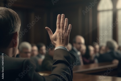 A man dressed in a suit is seen raising his hand in a courtroom. This image can be used to depict a legal proceeding or a courtroom scene.