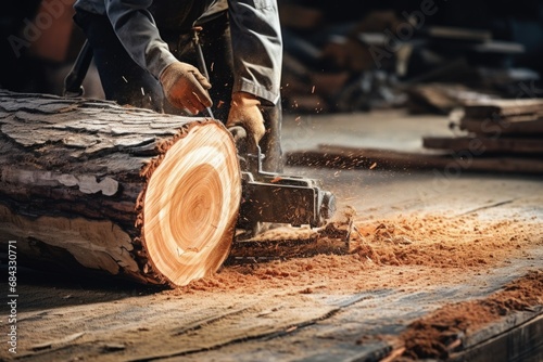 A person is seen using a chainsaw to cut a piece of wood. This image can be used to depict woodworking, home improvement, or construction projects.