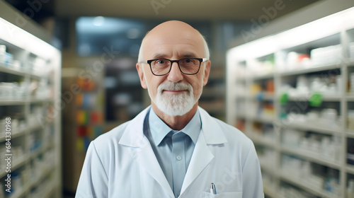Pharmacist in a bright light white pharmacy