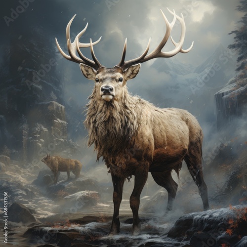 wild antlered stag in the misty woods, generative ai 