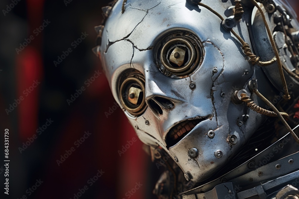 Fototapeta premium A detailed close-up of a robot head with various wires attached. This image can be used to depict technology, artificial intelligence, robotics, or futuristic concepts.