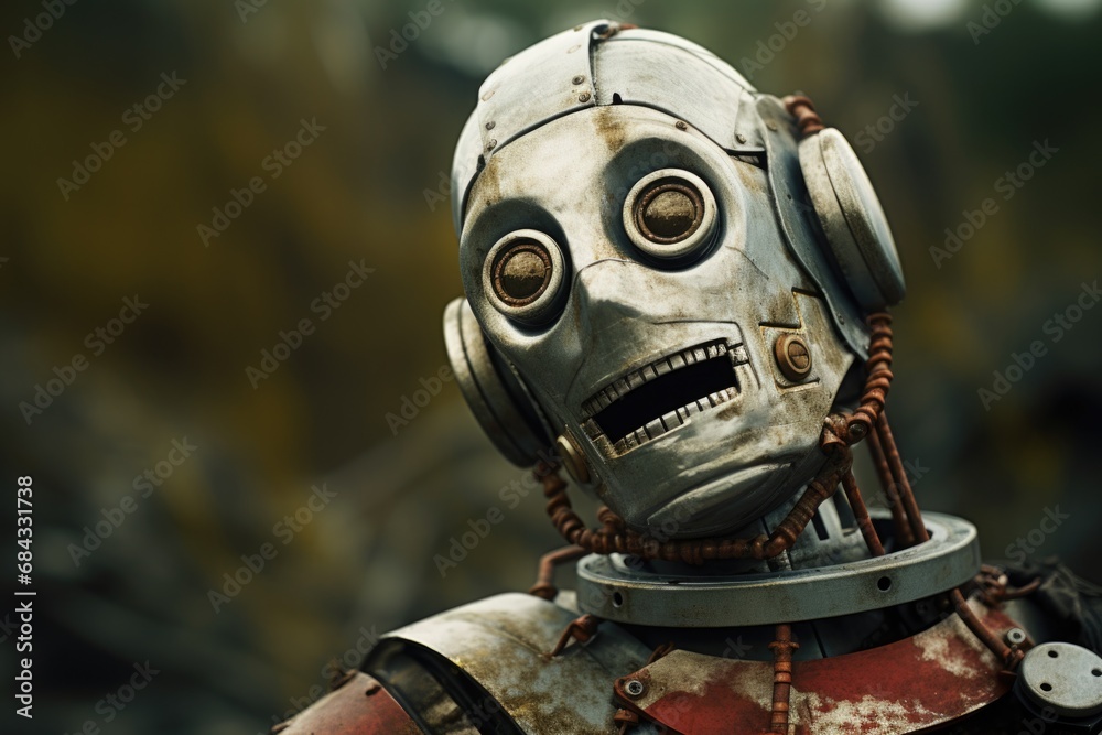 A detailed close-up shot of a robot wearing a helmet. Perfect for technology or futuristic-themed projects. A detailed close-up shot of a robot wearing a helmet. Perfect for technology or futuristic-themed projects.