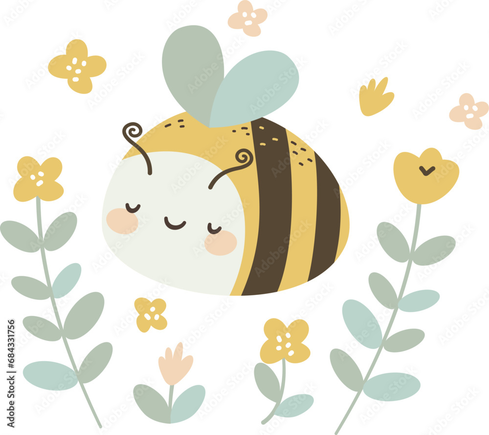 Flat vector children's illustration. Print for printing on children's products. Cute bee with flowers. Vector illustration