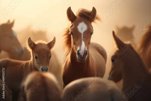 A herd of horses standing next to each other. 
