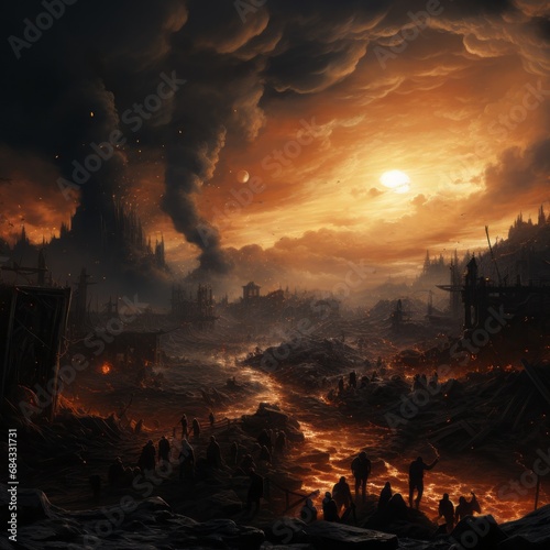 a city in ruins  fire in the night  the great fire of Alexandria  smoke in the sky  generative ai 