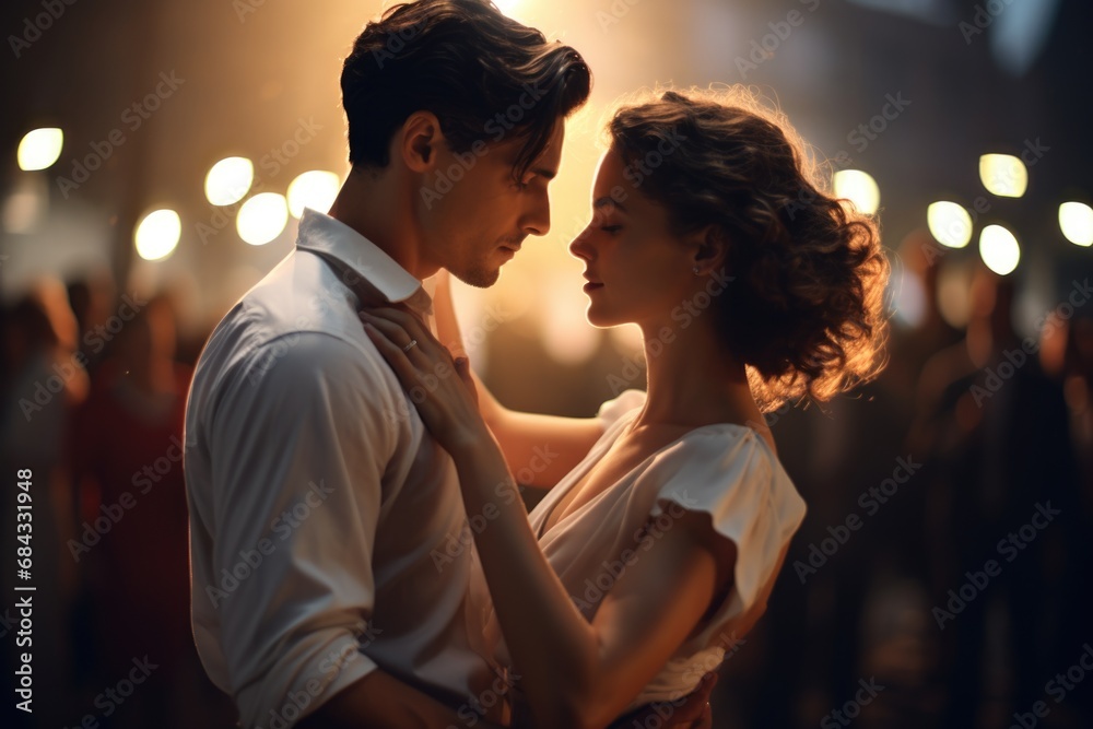 A picture of a man and a woman dancing together. This image can be used to depict a romantic moment, a social event, or a celebration.