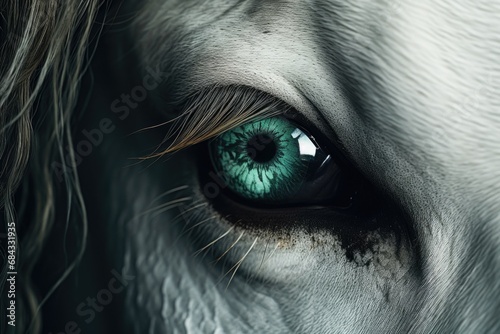 A detailed close-up shot of a horse's eye, showcasing its vibrant green color. 