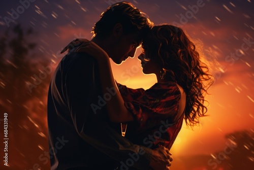 A heartfelt moment captured as a man and a woman embrace in the rain. Perfect for expressing love, romance, and connection. Ideal for use in advertisements, greeting cards, and social media posts.