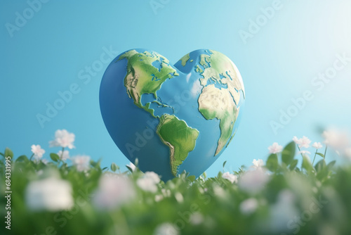 3d concept the Earth in love, an earth globe from 3d hearts made of plants and lights, greenery on cloudy sky, in the style of playful cartoon illustrations