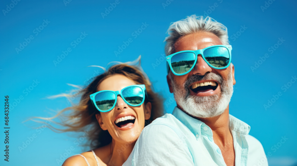 couple of two cute seniors hus together looking at the camera smiling and having fun wearing blue clothes with a blue background - after quarantine and lockdown finally end and enjoying with family - obrazy, fototapety, plakaty 
