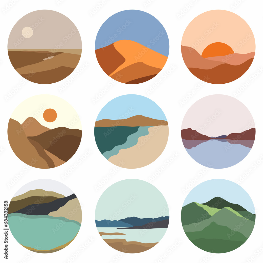 Minimalistic natural landscape icons. Highlights with different landscape design. Set of abstract natural icons.