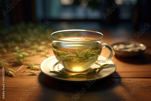 A simple and elegant image of a cup of green tea placed on a saucer. This picture can be used to promote relaxation, wellness, and the enjoyment of a hot beverage.