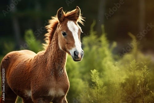A beautiful brown and white horse standing in a field. This image can be used to depict the beauty and tranquility of nature.