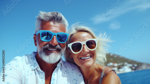 couple of two cute seniors hus together looking at the camera smiling and having fun wearing blue clothes with a blue background - after quarantine and lockdown finally end and enjoying with family