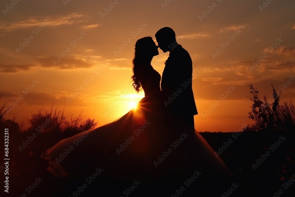 A beautiful silhouette of a bride and groom sharing a romantic kiss as the sun sets. Perfect for wedding themes and love stories.