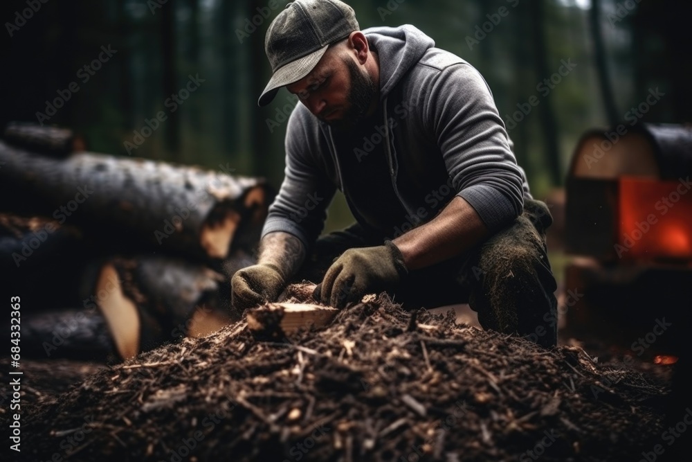 A man is seen chopping wood in a pile of mulch. This image can be used to depict outdoor activities, gardening, or firewood preparation. A man is seen chopping wood in a pile of mulch. This image can be used to depict outdoor activities, gardening, or firewood preparation.