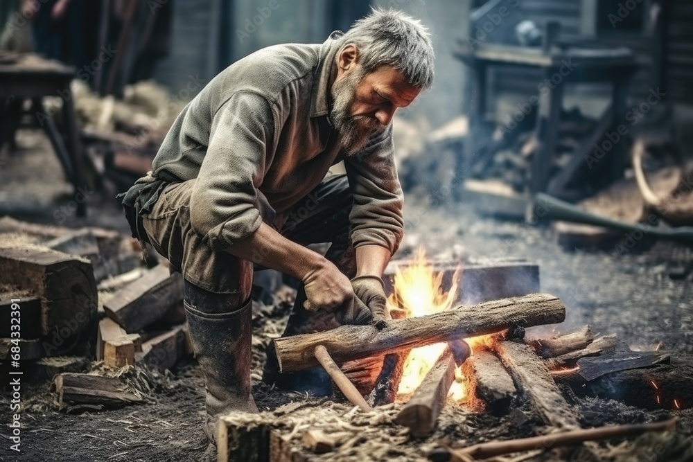 A man is seen diligently working on a fire in the woods. This image can be used to depict camping, survival skills, or outdoor activities. A man is seen diligently working on a fire in the woods. This image can be used to depict camping, survival skills, or outdoor activities.